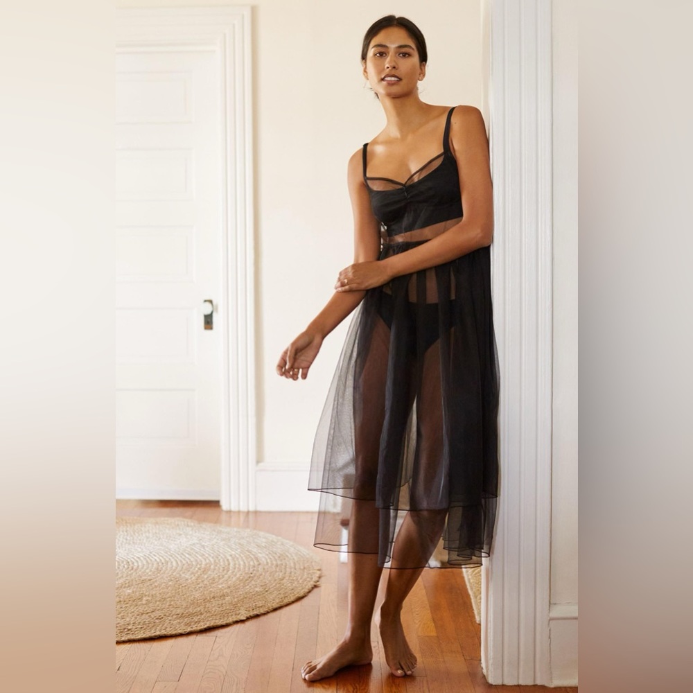 Anthropologie Sheer Slip Dress - Black - Medium - Adjustable Straps
